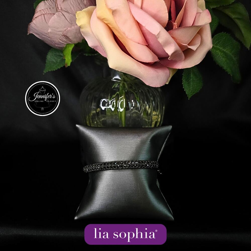 Lia Sophia "Glitterati" Cut Crystal Hematite Gunmetal Hinged Bangle Bracelet